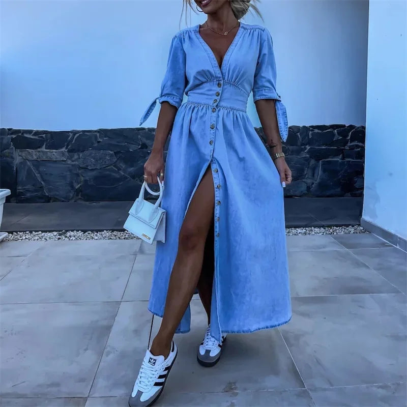 LP | Abito in denim che si chiude sul davanti con un bottone