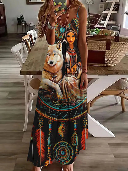 LP | 2024 Nuovo 3D Gufo Stampa Vintage Gilet senza maniche Lungo Donne Modello Tribale Spaghetti Strap Vestito Estate Lungo Gilet Allentato Abiti