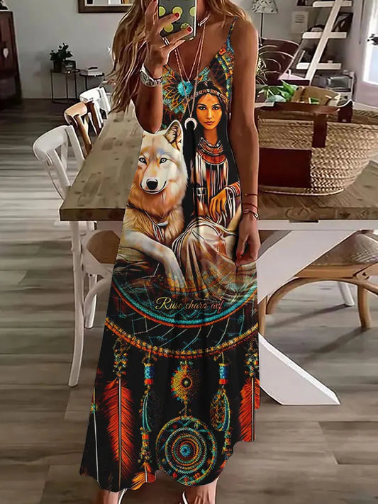 LP | 2024 Nuovo 3D Gufo Stampa Vintage Gilet senza maniche Lungo Donne Modello Tribale Spaghetti Strap Vestito Estate Lungo Gilet Allentato Abiti