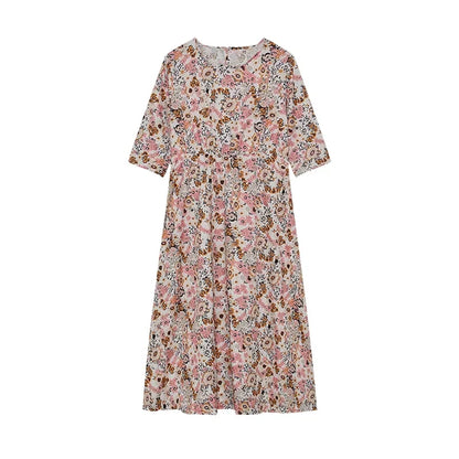 LP | 2024 Croce di confine Primavera e Estate Stampato Collo Rotondo Coperto Testa Mid Maniche Sciolto Borsa Casual in un Vestito Lungo