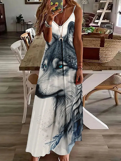 LP | 2024 Nuovo 3D Gufo Stampa Vintage Gilet senza maniche Lungo Donne Modello Tribale Spaghetti Strap Vestito Estate Lungo Gilet Allentato Abiti