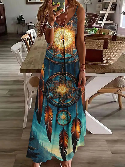 LP | 2024 Nuovo 3D Gufo Stampa Vintage Gilet senza maniche Lungo Donne Modello Tribale Spaghetti Strap Vestito Estate Lungo Gilet Allentato Abiti
