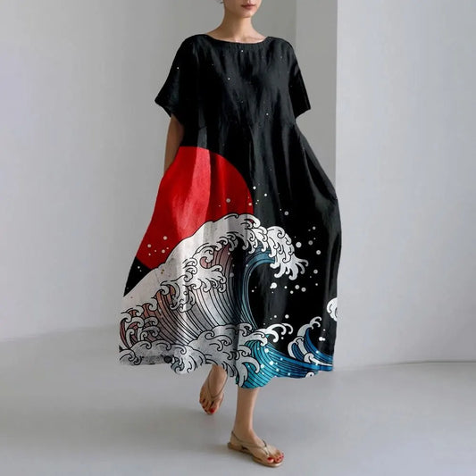 LP | Vestito estivo allentato di taglia superiore con tasca e scollo a O Maxi abito estivo elegante