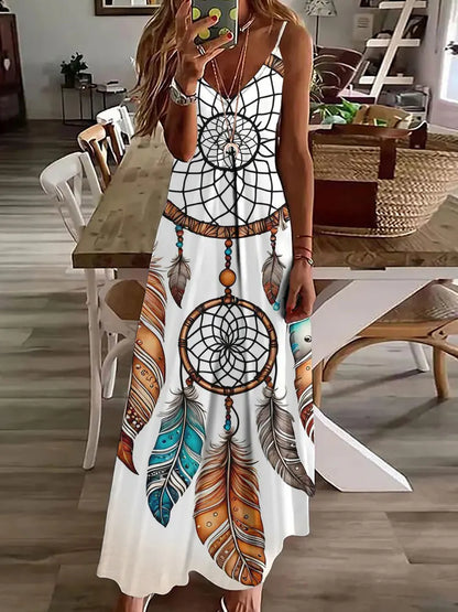LP | 2024 Nuovo 3D Gufo Stampa Vintage Gilet senza maniche Lungo Donne Modello Tribale Spaghetti Strap Vestito Estate Lungo Gilet Allentato Abiti