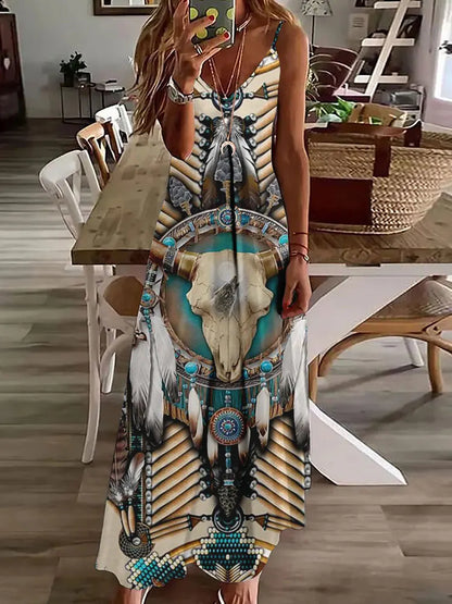 LP | 2024 Nuovo 3D Gufo Stampa Vintage Gilet senza maniche Lungo Donne Modello Tribale Spaghetti Strap Vestito Estate Lungo Gilet Allentato Abiti