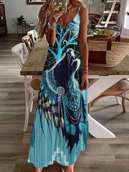 LP | 2024 Nuovo 3D Gufo Stampa Vintage Gilet senza maniche Lungo Donne Modello Tribale Spaghetti Strap Vestito Estate Lungo Gilet Allentato Abiti