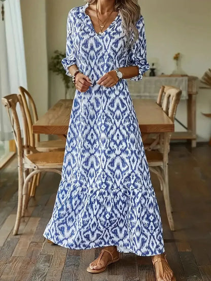 LP | 2024 Europeo e americano transfrontaliero AliExpress autunno e inverno fashionista carino sciolto con scollo a V stampa a maniche medie abito lungo