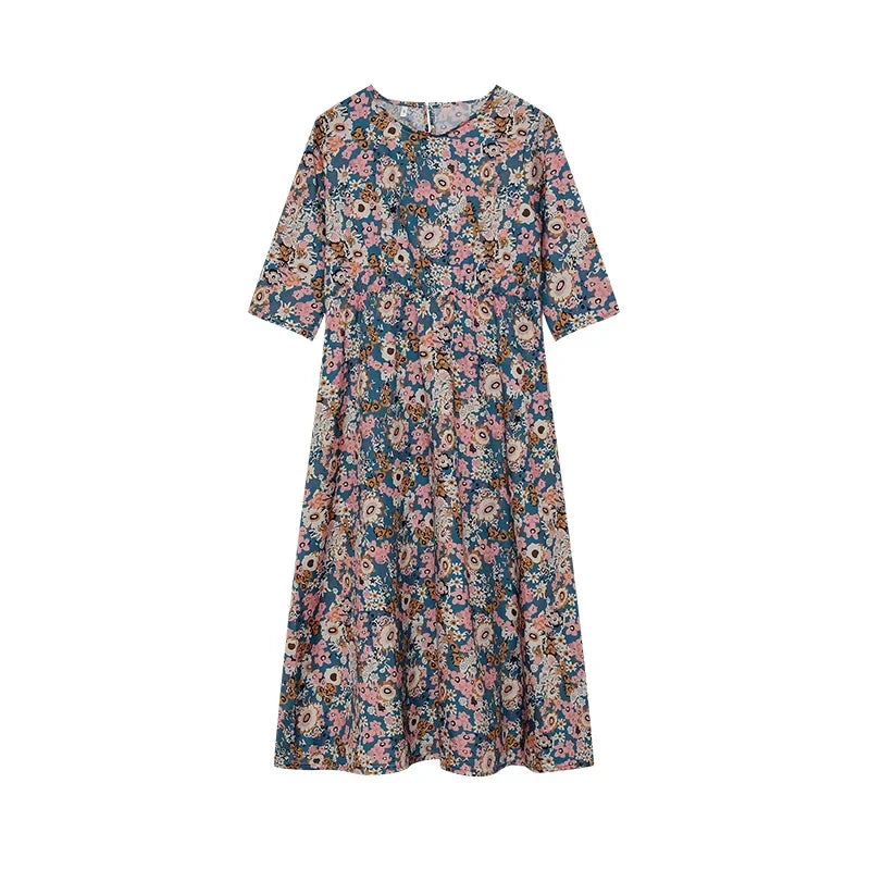 LP | 2024 Croce di confine Primavera e Estate Stampato Collo Rotondo Coperto Testa Mid Maniche Sciolto Borsa Casual in un Vestito Lungo