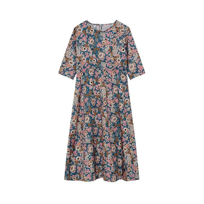LP | 2024 Croce di confine Primavera e Estate Stampato Collo Rotondo Coperto Testa Mid Maniche Sciolto Borsa Casual in un Vestito Lungo