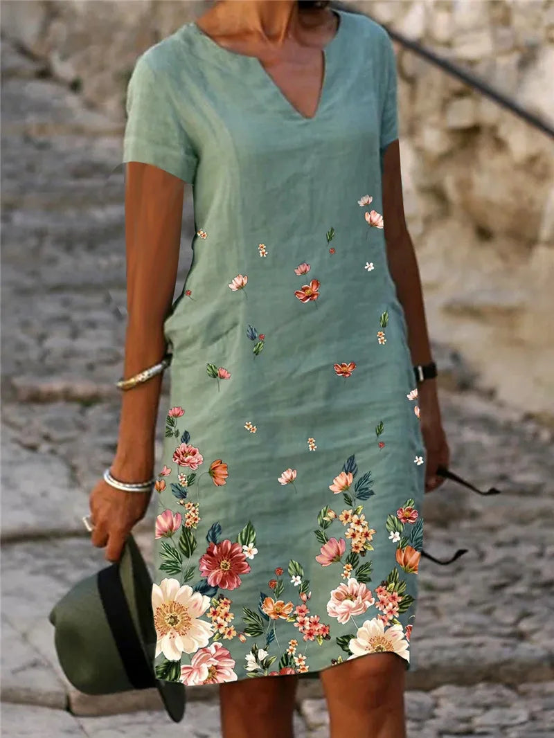 LP | 2024 Estate Elegante Donna Vestito Oversize Stampato Abiti con Scollo a V Femmina Primavera Trendy Spiaggia Moda Casual Abiti Sciolti Signore