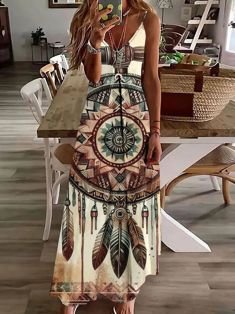 LP | 2024 Nuovo 3D Gufo Stampa Vintage Gilet senza maniche Lungo Donne Modello Tribale Spaghetti Strap Vestito Estate Lungo Gilet Allentato Abiti