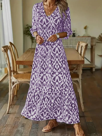LP | 2024 Europeo e americano transfrontaliero AliExpress autunno e inverno fashionista carino sciolto con scollo a V stampa a maniche medie abito lungo