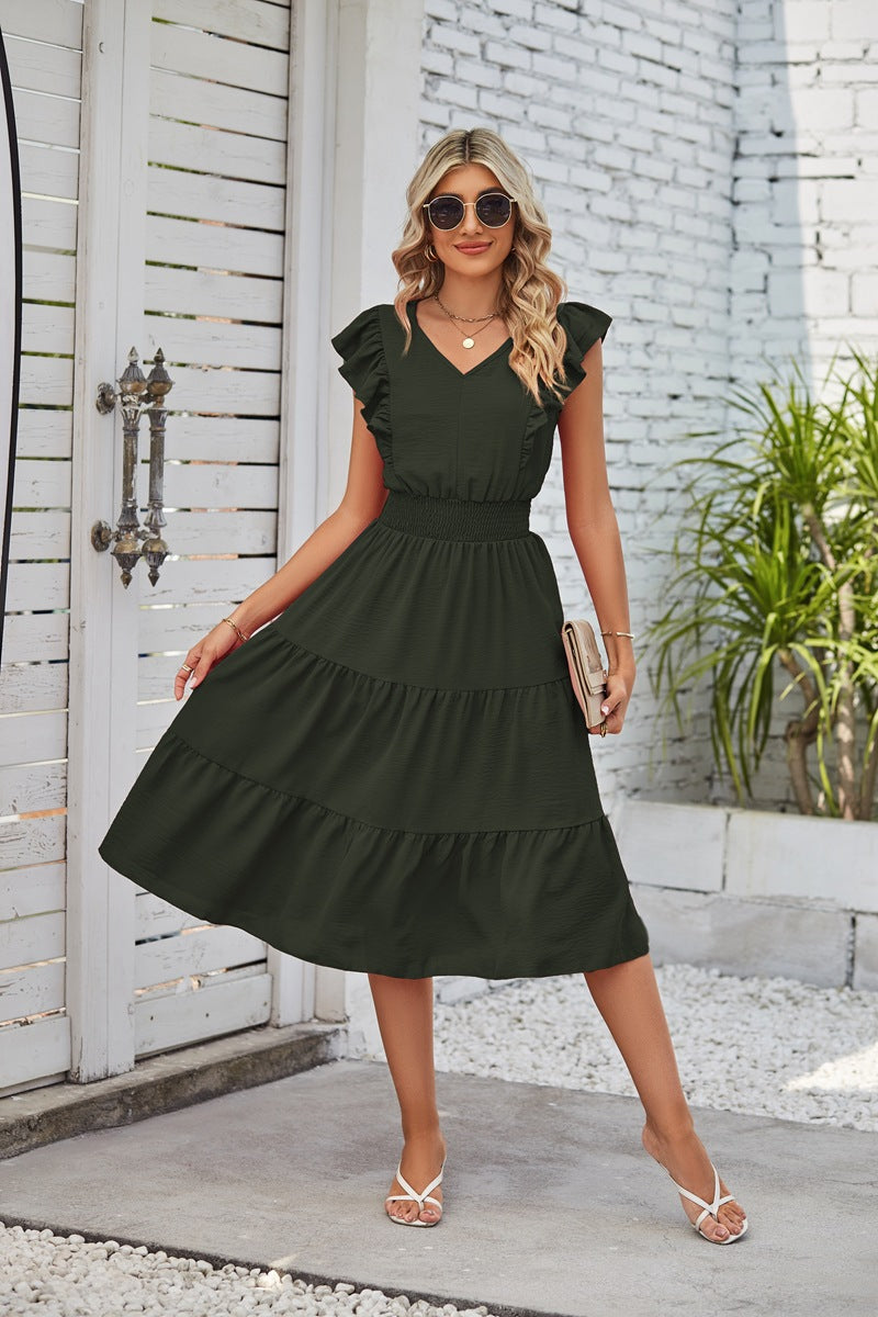 LP | Vestito midi senza maniche con scollo a V e vita elastica da donna con volant in 7 colori S-XL