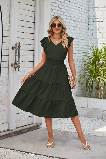 LP | Vestito midi senza maniche con scollo a V e vita elastica da donna con volant in 7 colori S-XL