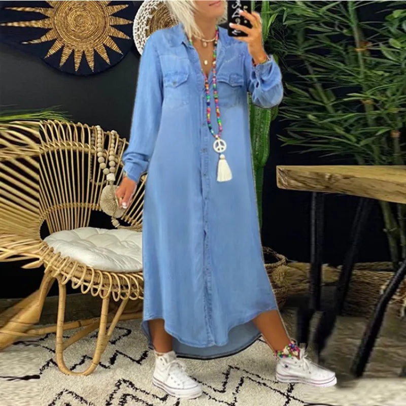 LP | Abito lungo in denim con maniche lunghe e colletto