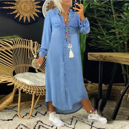 LP | Abito lungo in denim con maniche lunghe e colletto