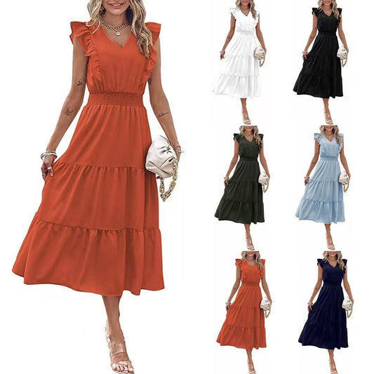 LP | Vestito midi senza maniche con scollo a V e vita elastica da donna con volant in 7 colori S-XL