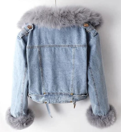 LP | Giacca corta da donna in denim con collo in pelliccia di volpe e pelliccia di coniglio