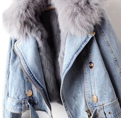 LP | Giacca corta da donna in denim con collo in pelliccia di volpe e pelliccia di coniglio