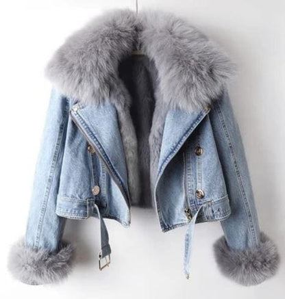 LP | Giacca corta da donna in denim con collo in pelliccia di volpe e pelliccia di coniglio