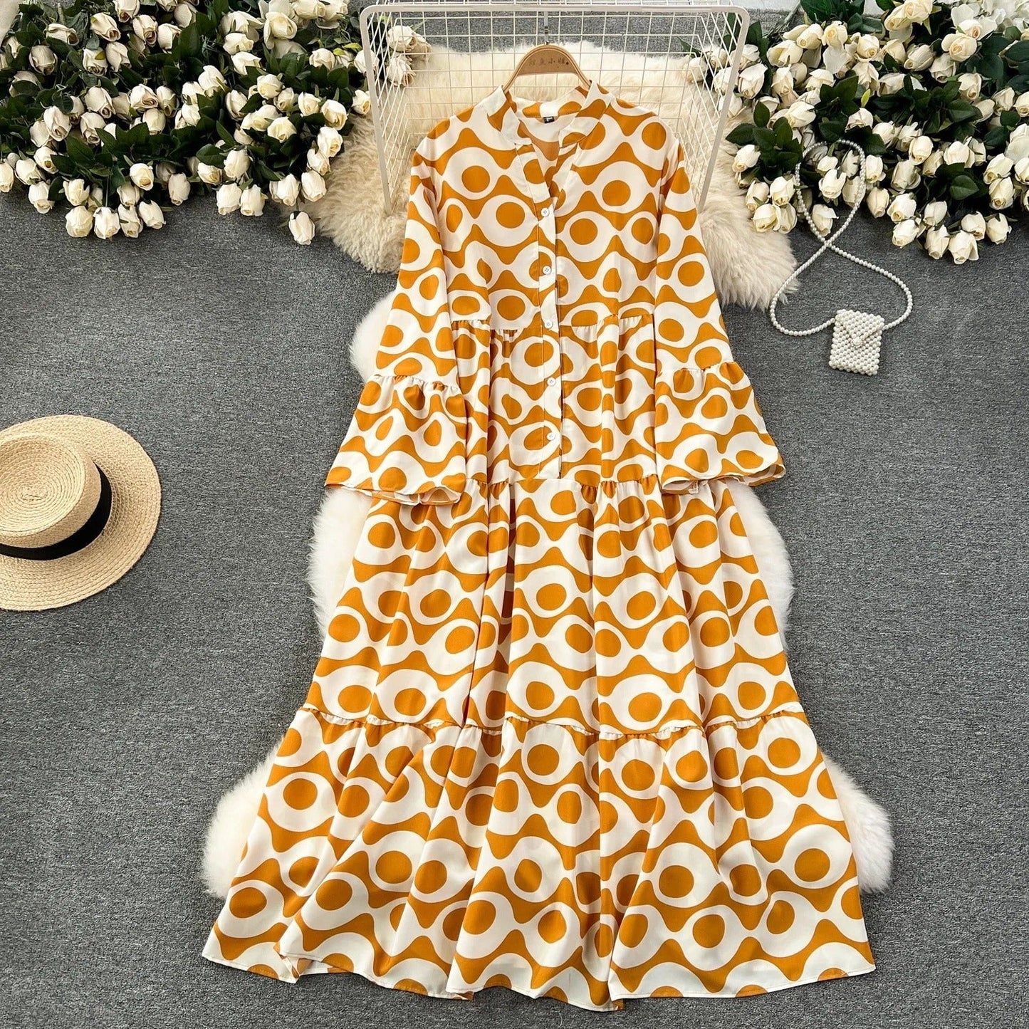 LP | Abito lungo vintage stampato con scollo a V e maniche svasate