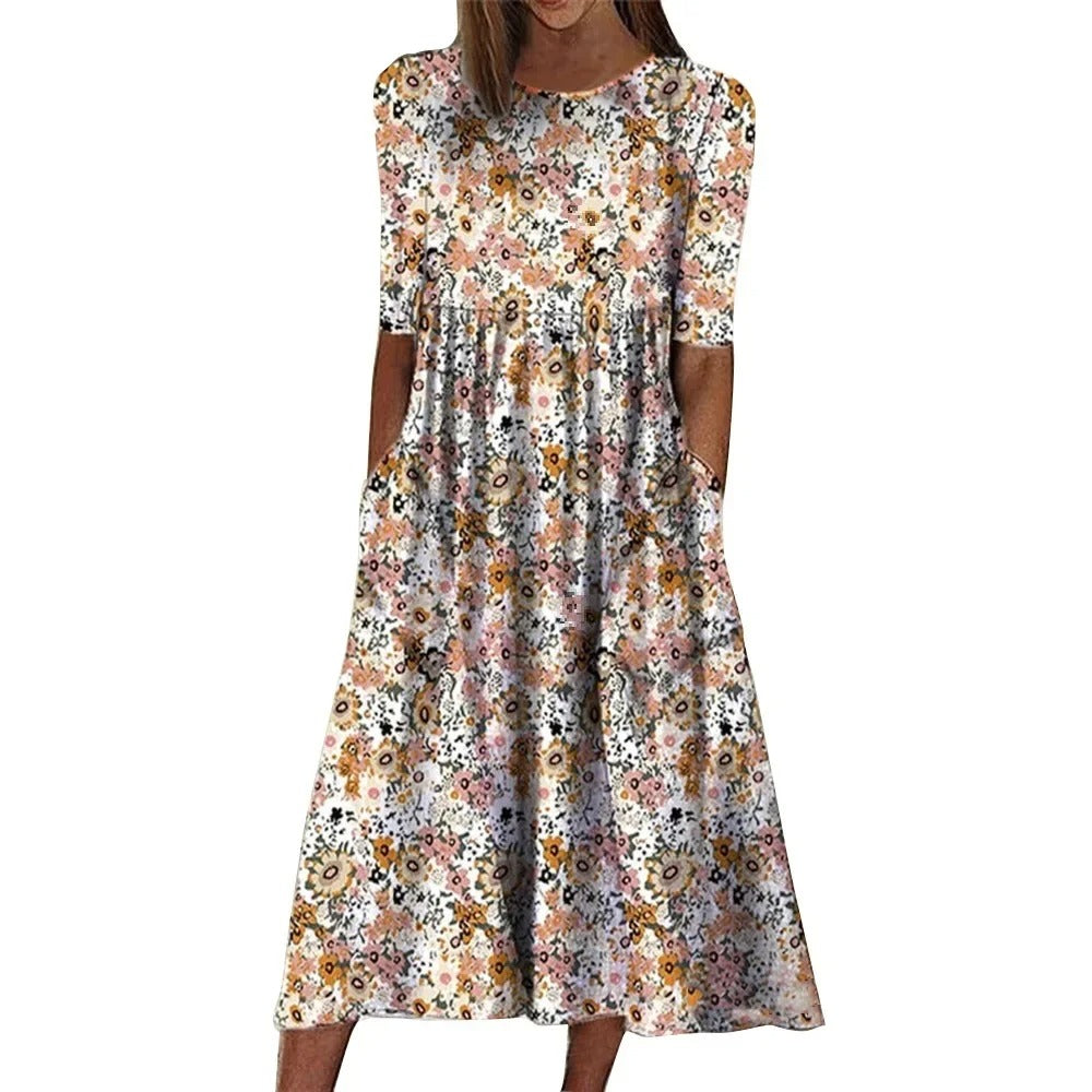 LP | Abito midi casual senza maniche con scollo rotondo e stampa