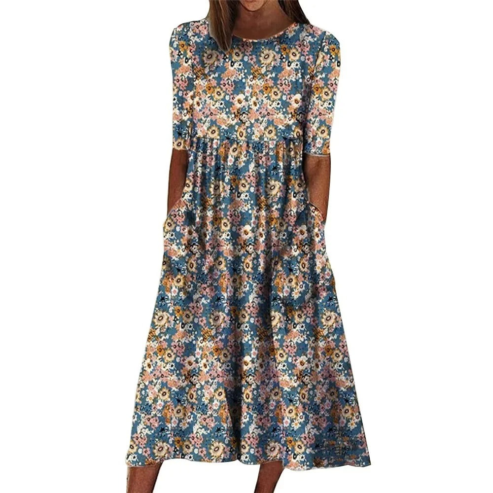LP | Abito midi casual senza maniche con scollo rotondo e stampa