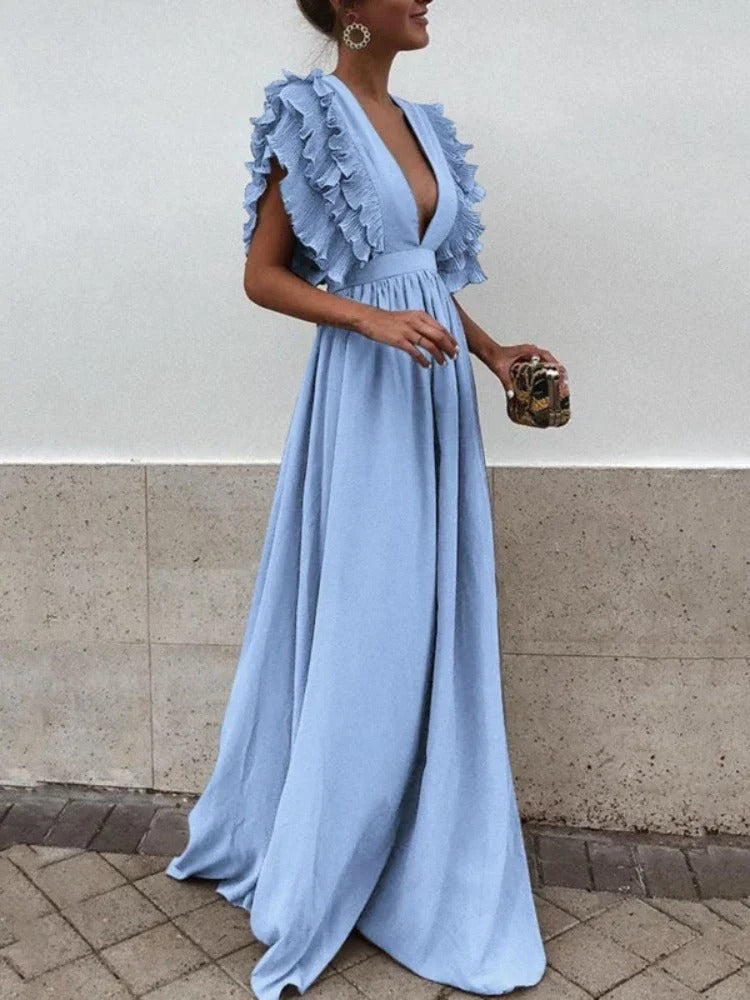LP | Abito elegante con scollo a V e maniche arricciate