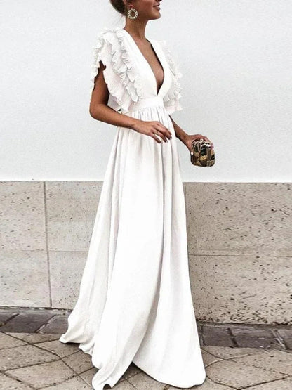 LP | Abito elegante con scollo a V e maniche arricciate